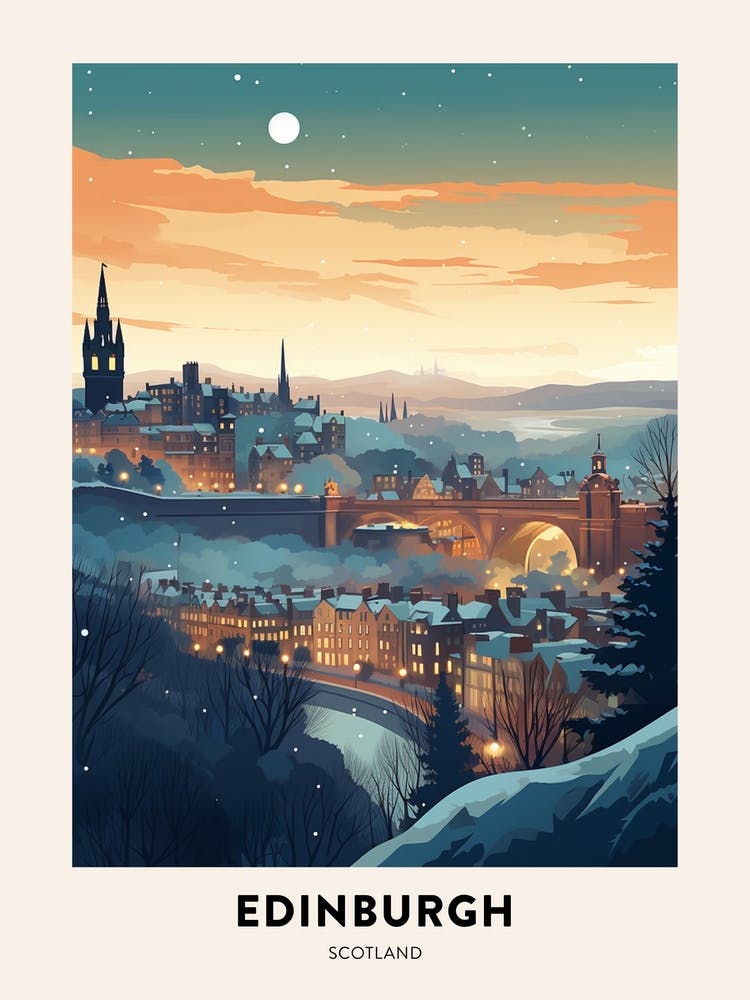 Winter Night  Travel Poster Edinburgh Scotland 3