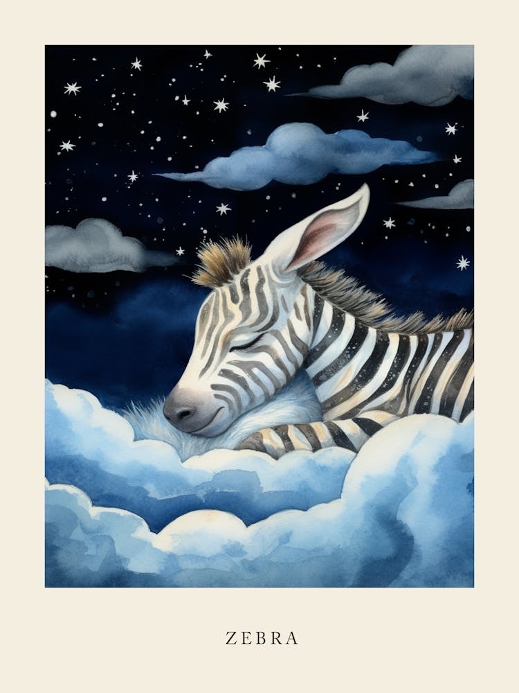 Baby Zebra Sleeping In The Clouds Nursery Poster