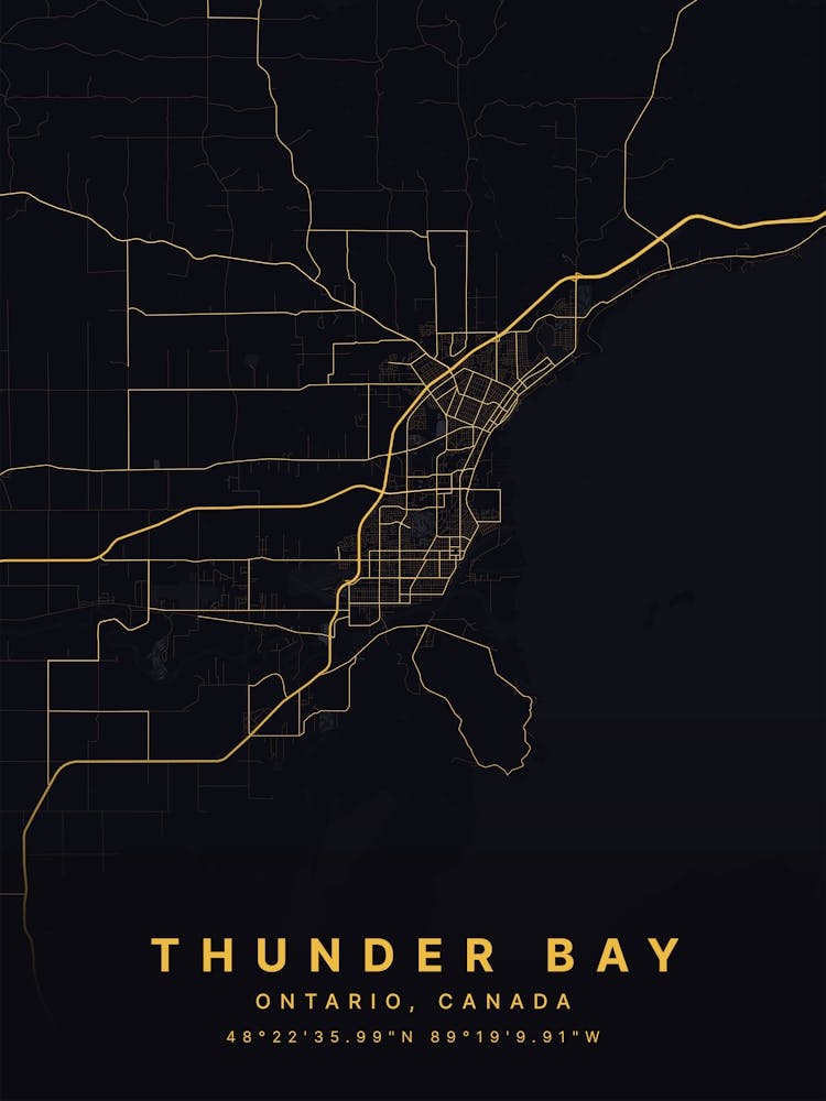 Thunder Bay Ontario Canada Black And Gold Map