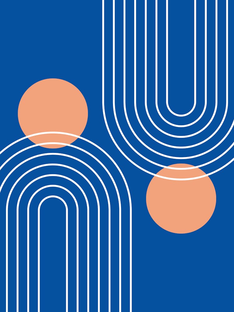 Mid Century Modern Geometric C28 In Royal Blue Peach (Rainbow And Sun Abstract) 01
