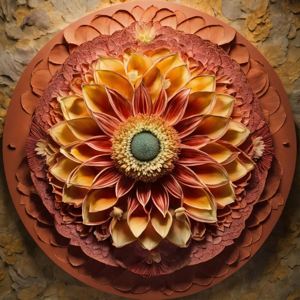 Dahlia, The Lotus Opens Between  Dimensions,overlapping background that enhances the 3D effect.