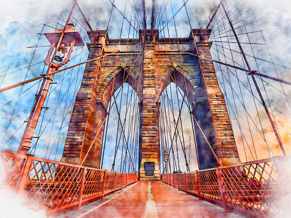 Watercolor Brooklyn Bridge in New York City, America