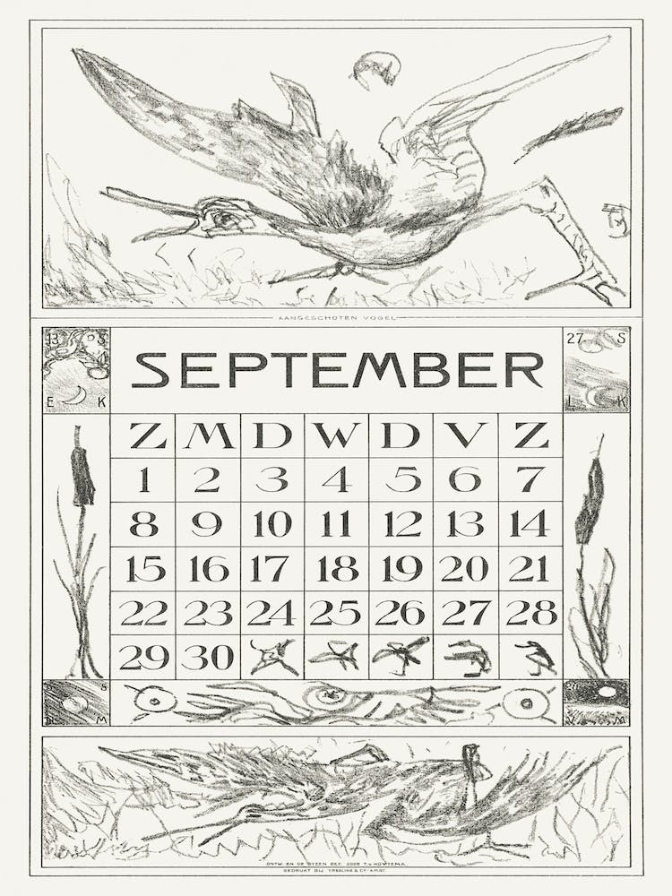 September Calendar Sheet With A Shot Bird (1917), Theo Van Hoytema