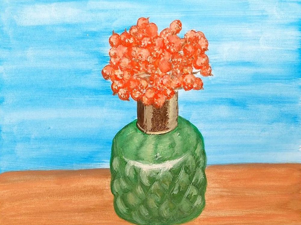 Green Vase With Viburnum Berries