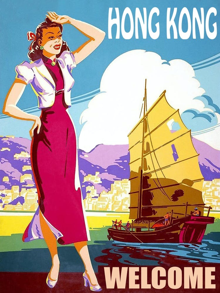 Hongkong, Frau an der Küste beobachtet das orientalische Segelboot