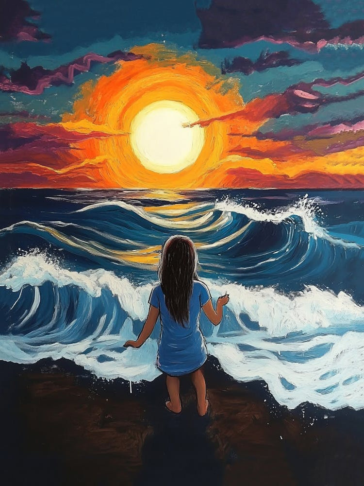 Young Girl Painting A Of A Sun Over The Ocean With Waves