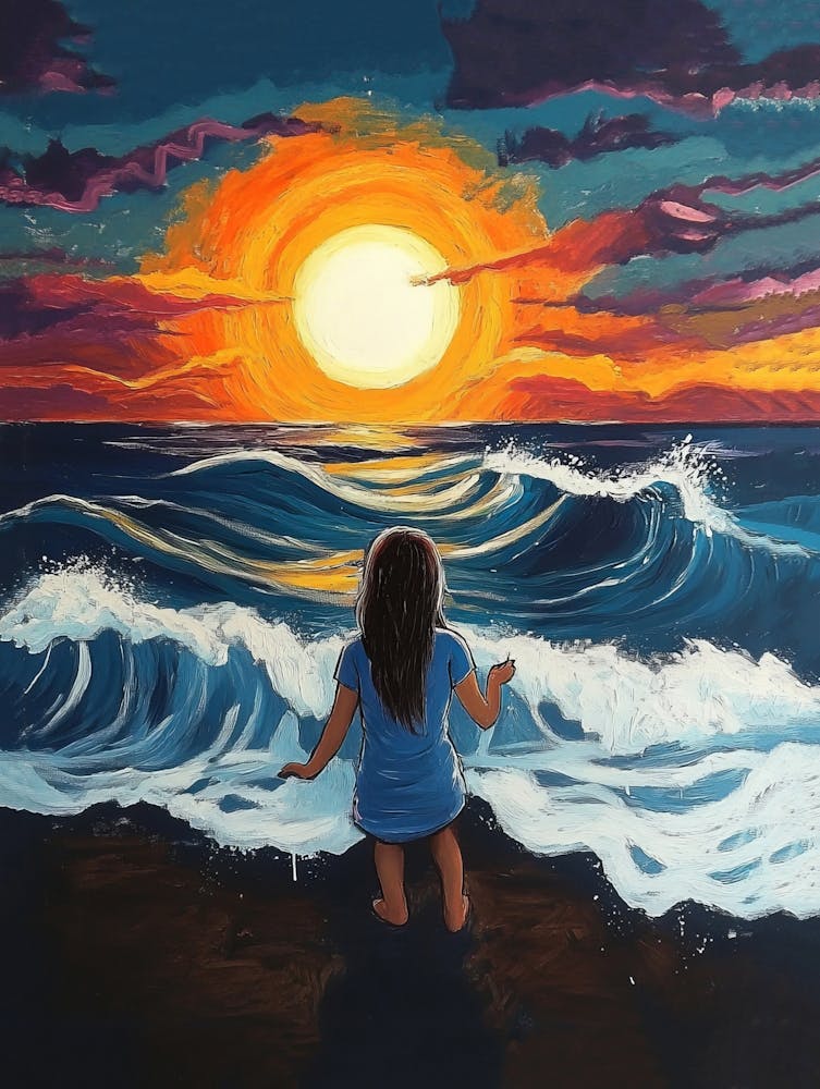 Young Girl Painting A Of A Sun Over The Ocean With Waves