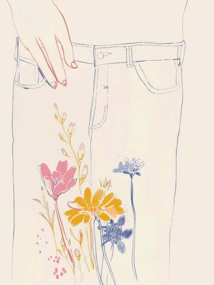 Blue Jeans Line Art Flowers 2
