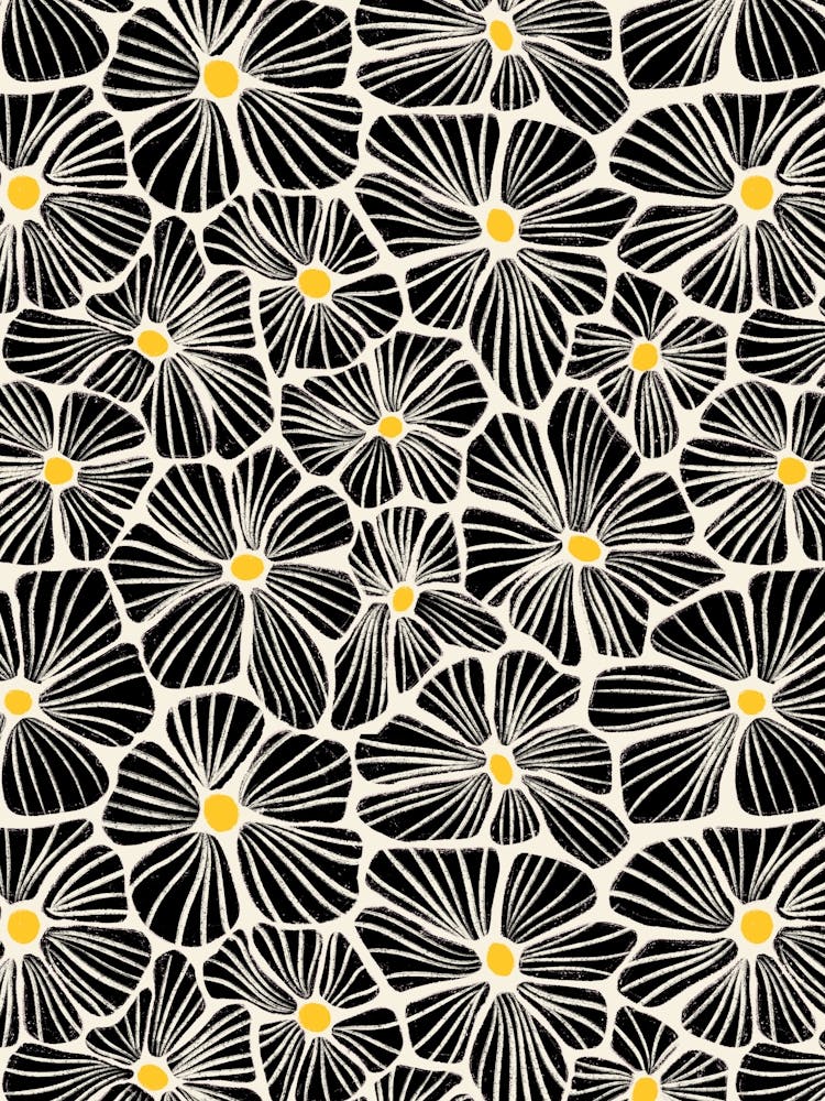 Flower Mosaic Black White Textured Hand Drawn