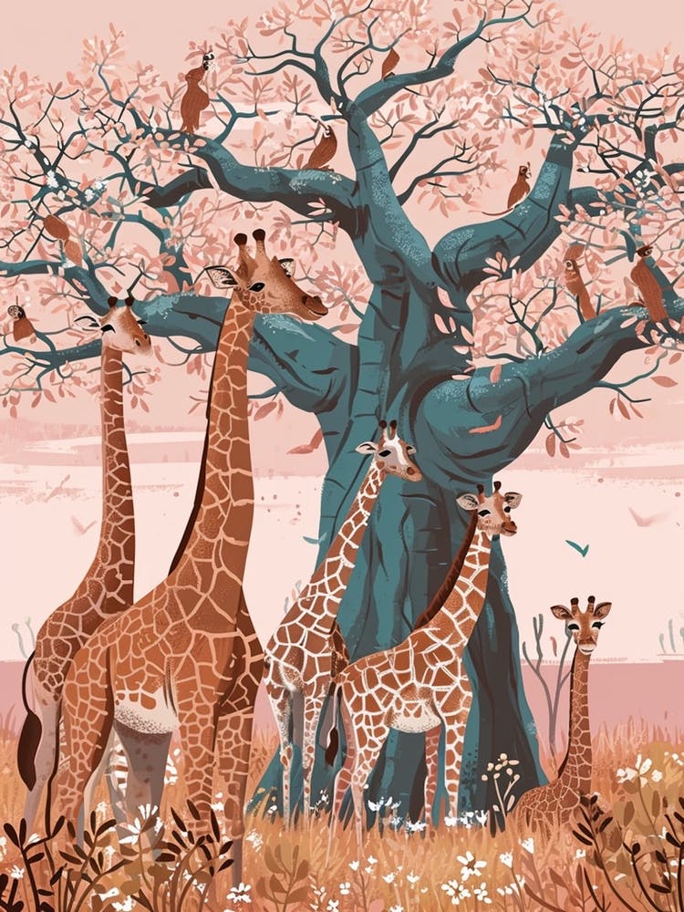 Herd Of Giraffes Resting Under The Tree Modern Illiustration 1
