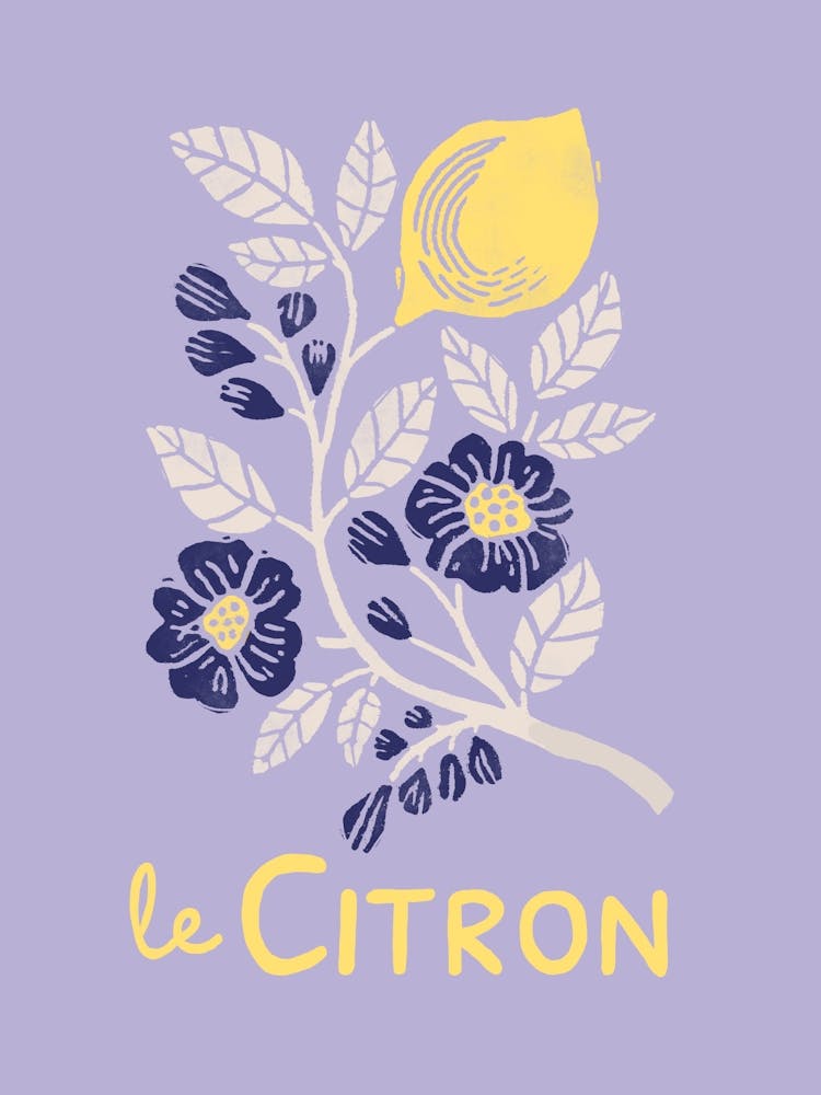 Le Citron – Lemon & Floral Botanical Print in Lavender