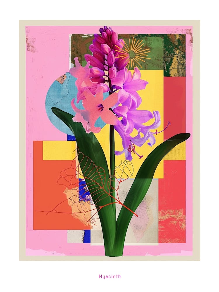Hyacinth 2 Neon Flower Collage Poster