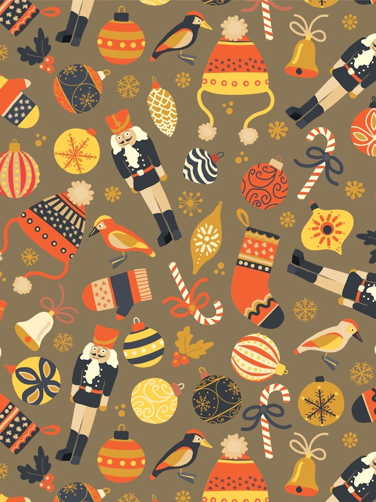 Scattered Christmas Toys, Ornaments, and Treats Yellow Orange Taupe