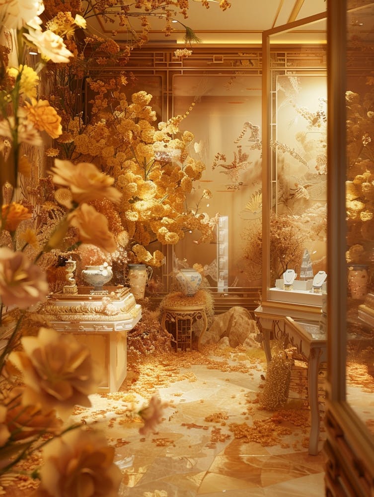 An Empty Jewelry Showroom In Hong Kong, In The Style Of Gold Leaf Overlay, Video Montages, Detailed Miniatures, Dreamy And Romantic, Gold And Amber, Money Themed, Packed With Hidden Details