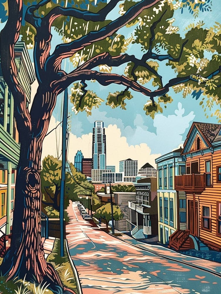 Rainey Street Historic District Austin Texas Colourful Blockprint 1
