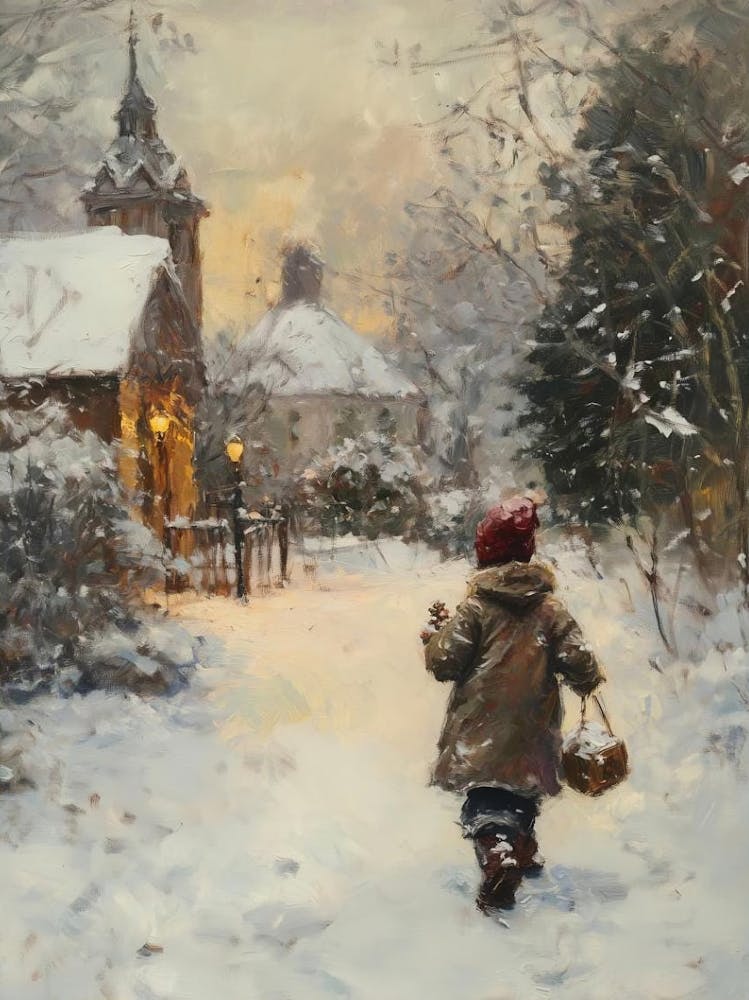 Vintage Winter Landscape Wallable, Christmas Wall Decor, Rustic Snow Winter Holiday Digital Downloadable Painting, Christmas Gift