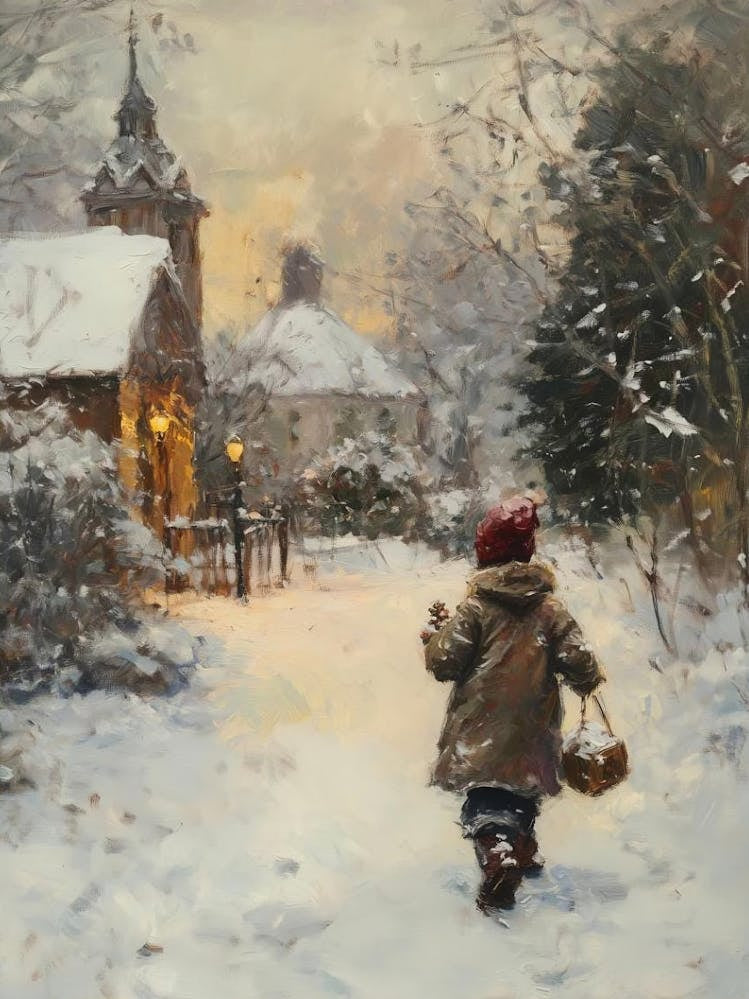 Vintage Winter Landscape Wallable, Christmas Wall Decor, Rustic Snow Winter Holiday Digital Downloadable Painting, Christmas Gift