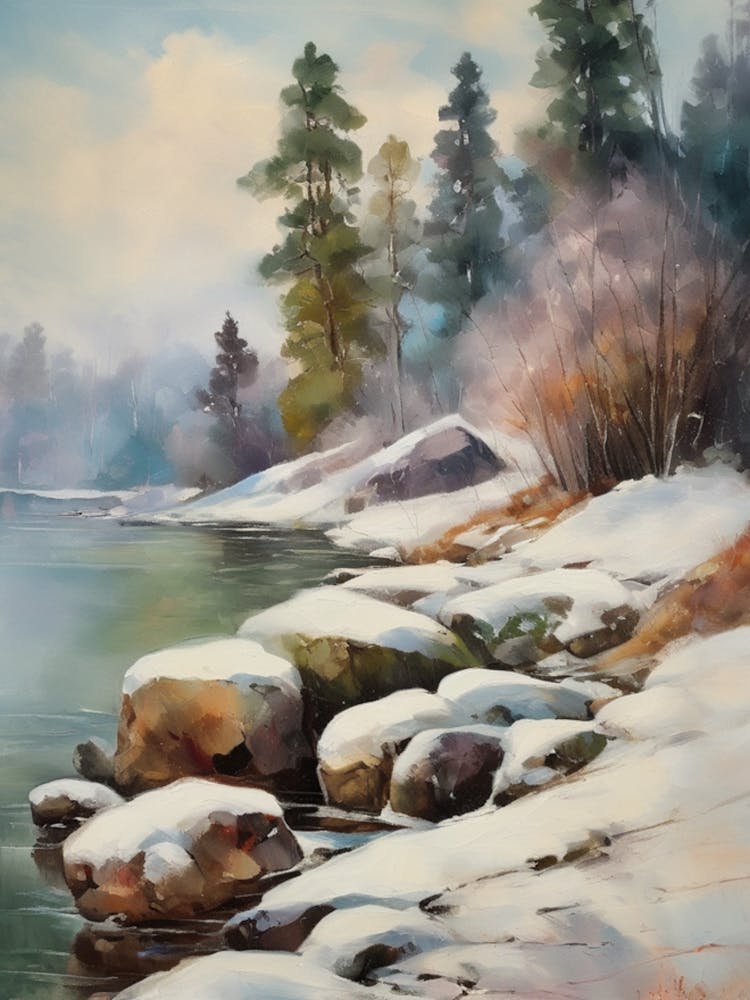 Ancient landscapes, old winter oil paintings and rocks around the lake bank. Snow is falling on the lake, old colors.7 1