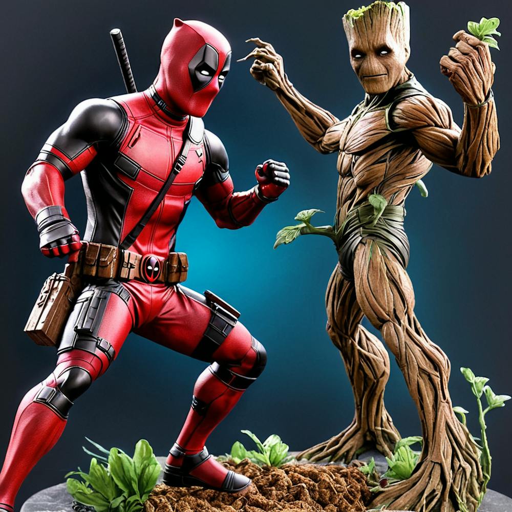 Deadpool Fighting Groot Hyper Realistic