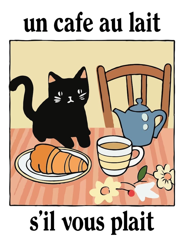French Cafe Au Lait Black Cat Print Retro Drink Poster Kitchen Coffee Posters Un Cafe Sil Vous Plait