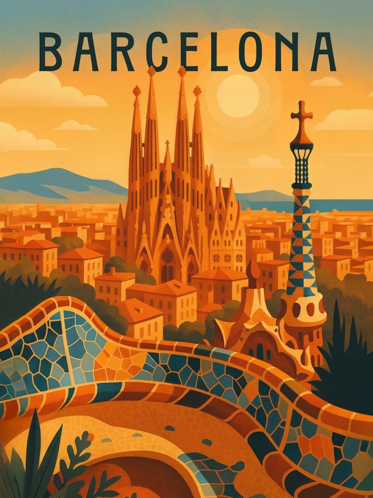 Barcelona Travel Poster – Gaudí and Colorful Mosaic Cityscape: A vibrant poster of Barcelona filled with Gaudí flair, from Sagrada Familia to Park Güell. Bursting with mosaics, culture, and summer vibes – ideal for urban explorers and art nouveau fans who love Spanish architecture and colorful design.