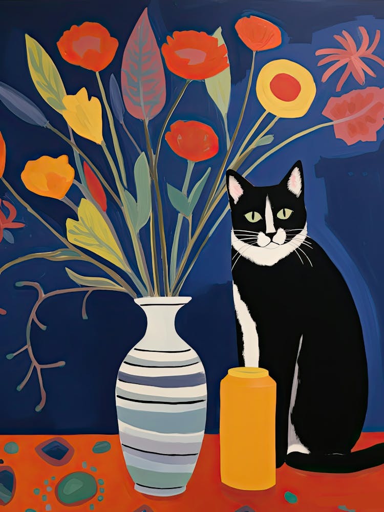 Irises Flower Vase And A Cat, A Painting In The Style Of Matisse 2