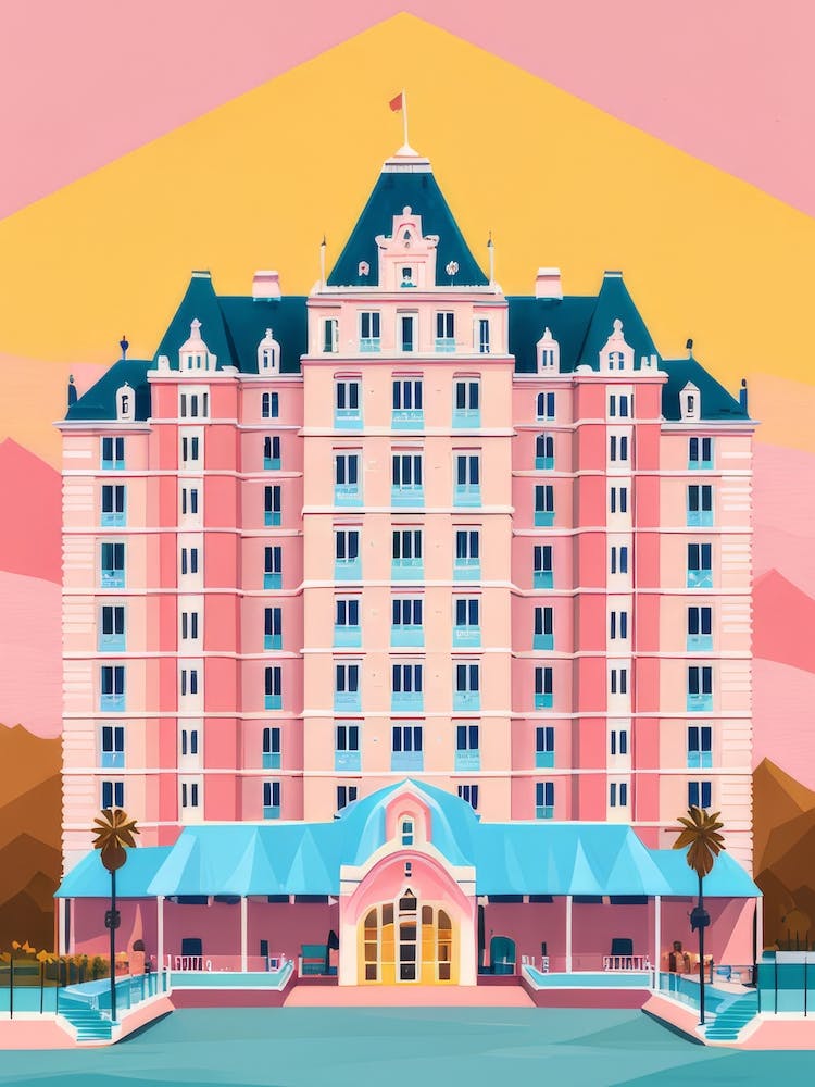 Pink Bold Grand Hotel Planimetric Wes Anderson Style Popping Colours