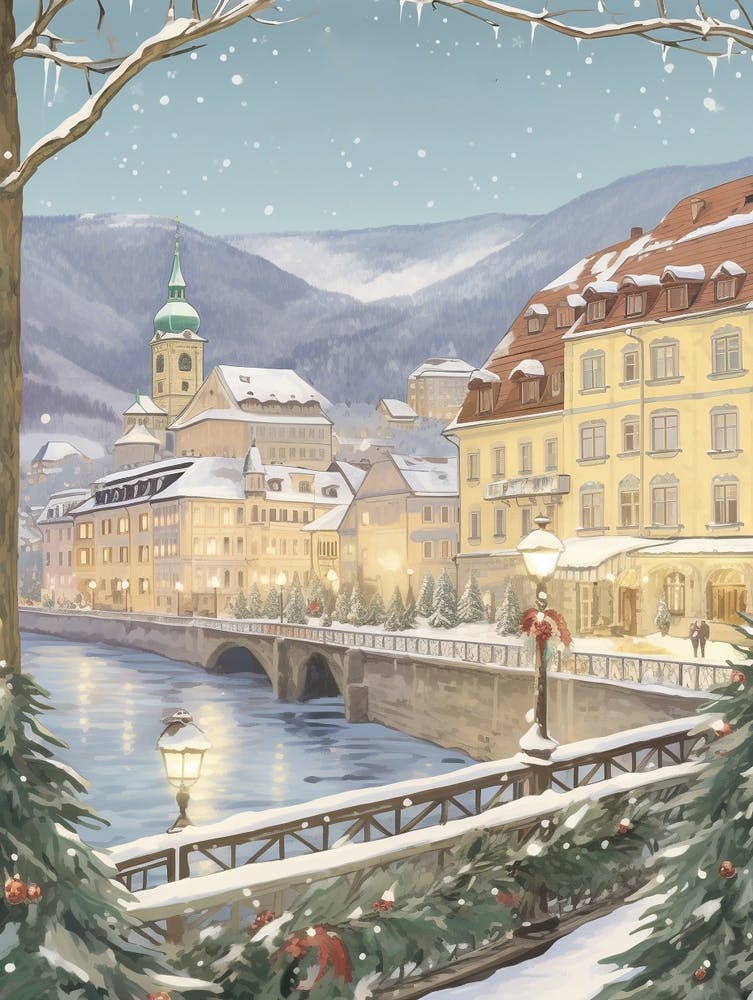 Vintage Winter Illustration Lucerne Switzerland 1