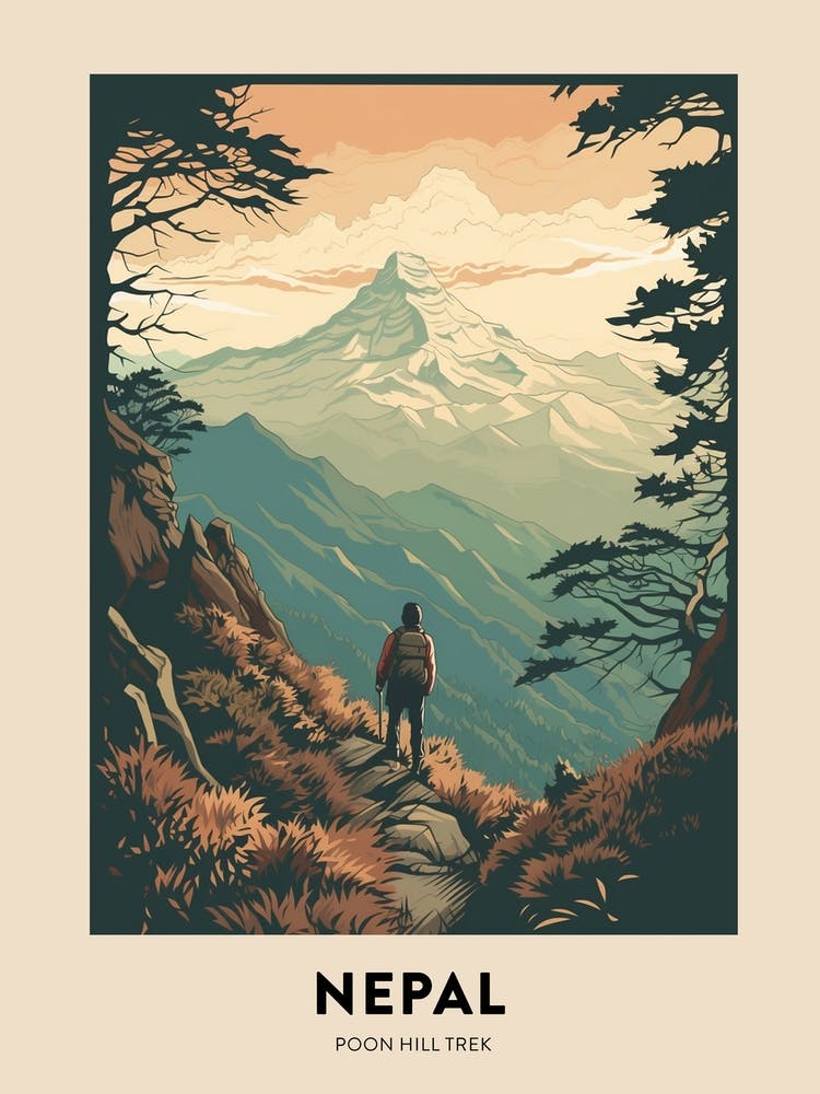 Poon Hill Trek Nepal 1 - Affiche de voyage de randonnée vintage