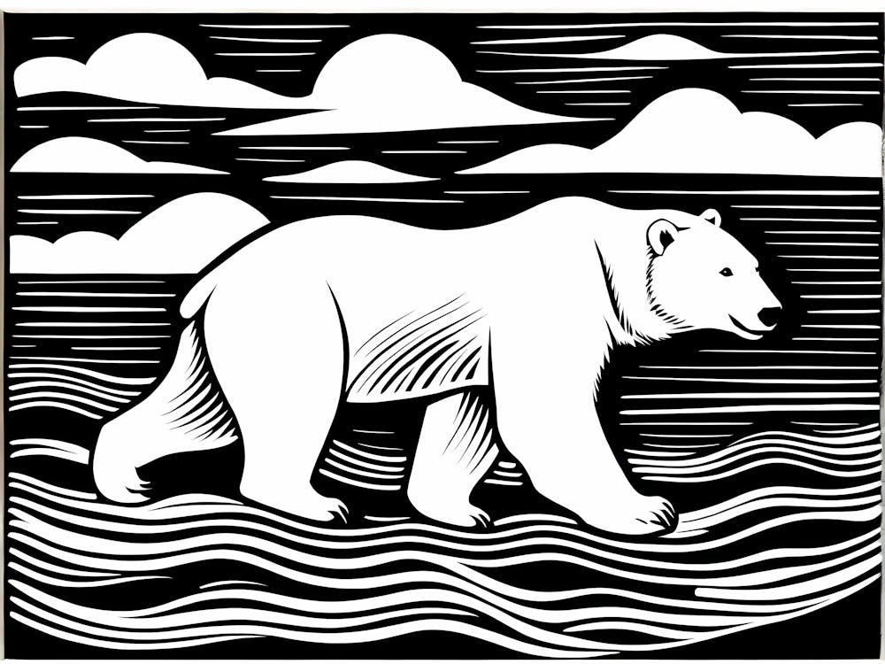Polar Bear Cavorting In The Arctic Expanse Linocut Art, animal art, 175