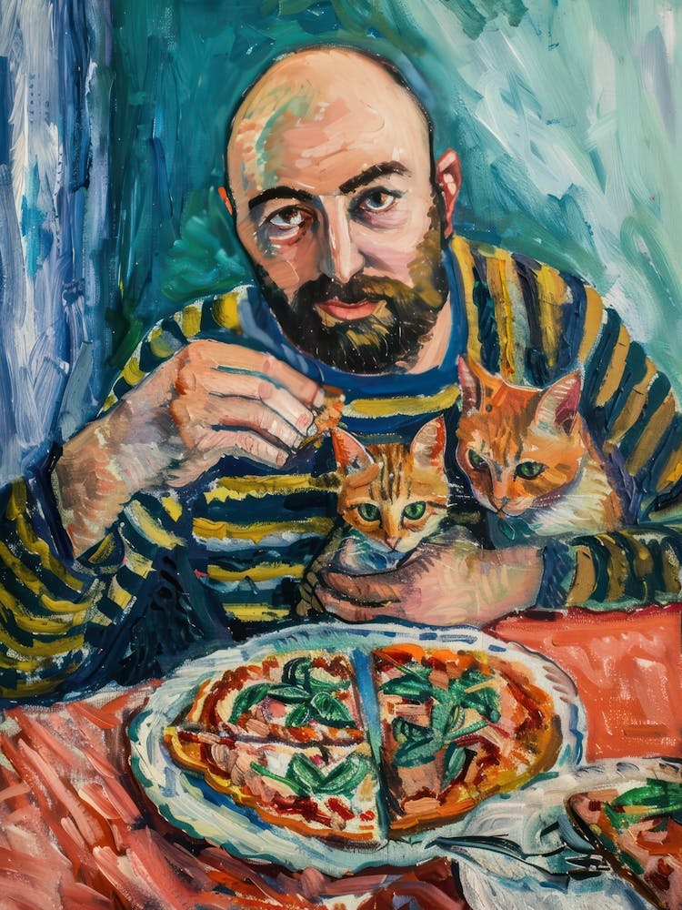 Portrait Of A Man With Cats Eating Pizza 1