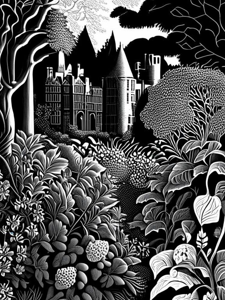 Powys Castle And Garden, United Kingdom Linocut Black And White Vintage