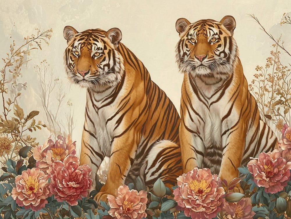 Floral Animal Illustration Bengal Tiger 1