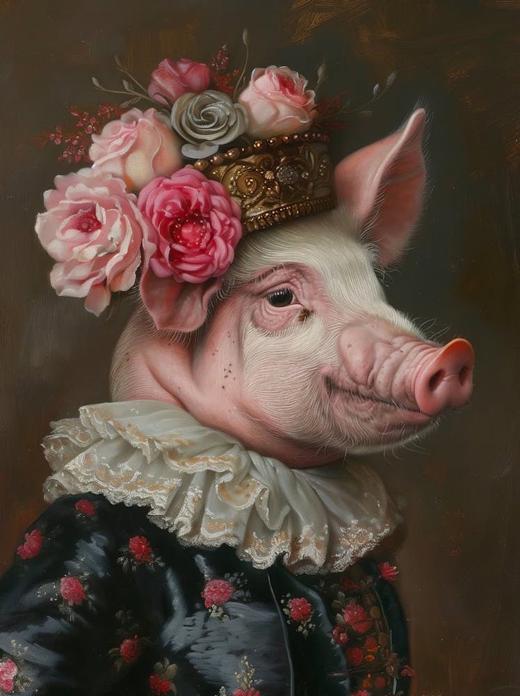Victorian Animals Portrait, Royal Lady Pig Vintage Print, Dressed Animal Altered Art, Renaissance Animal Printable Art, Animal Lover Gift