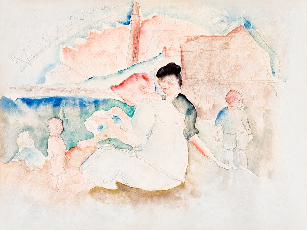 Two Women and Three Children on the Beach (ca.1916), Charles Demuth
