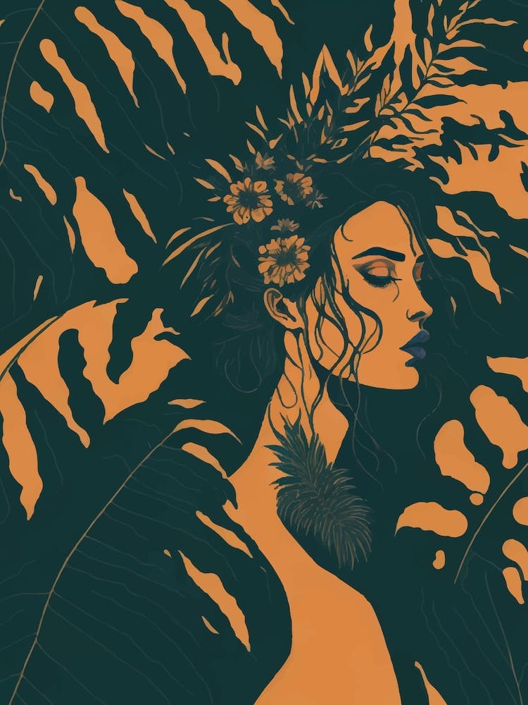 Hawaiian Girl surrounded by Tropical Leaves