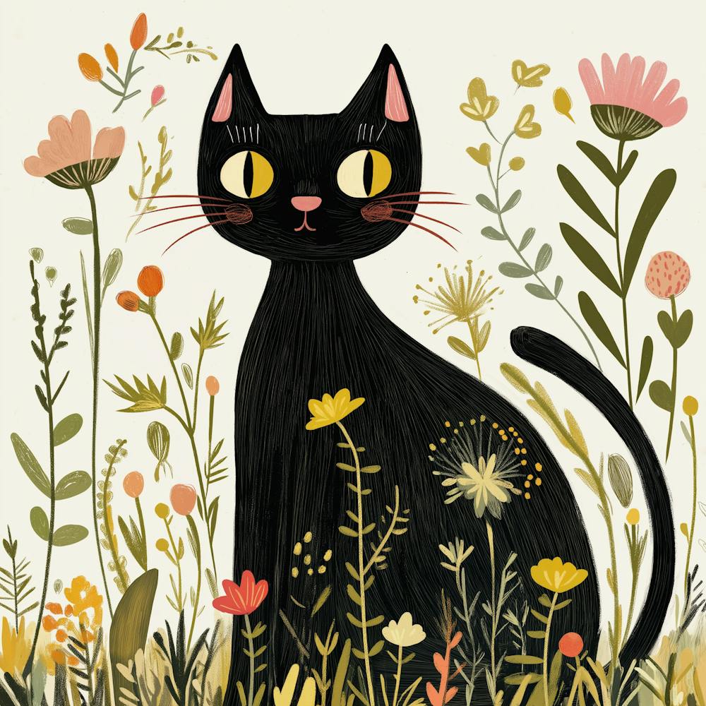 Black Cat In Flowers