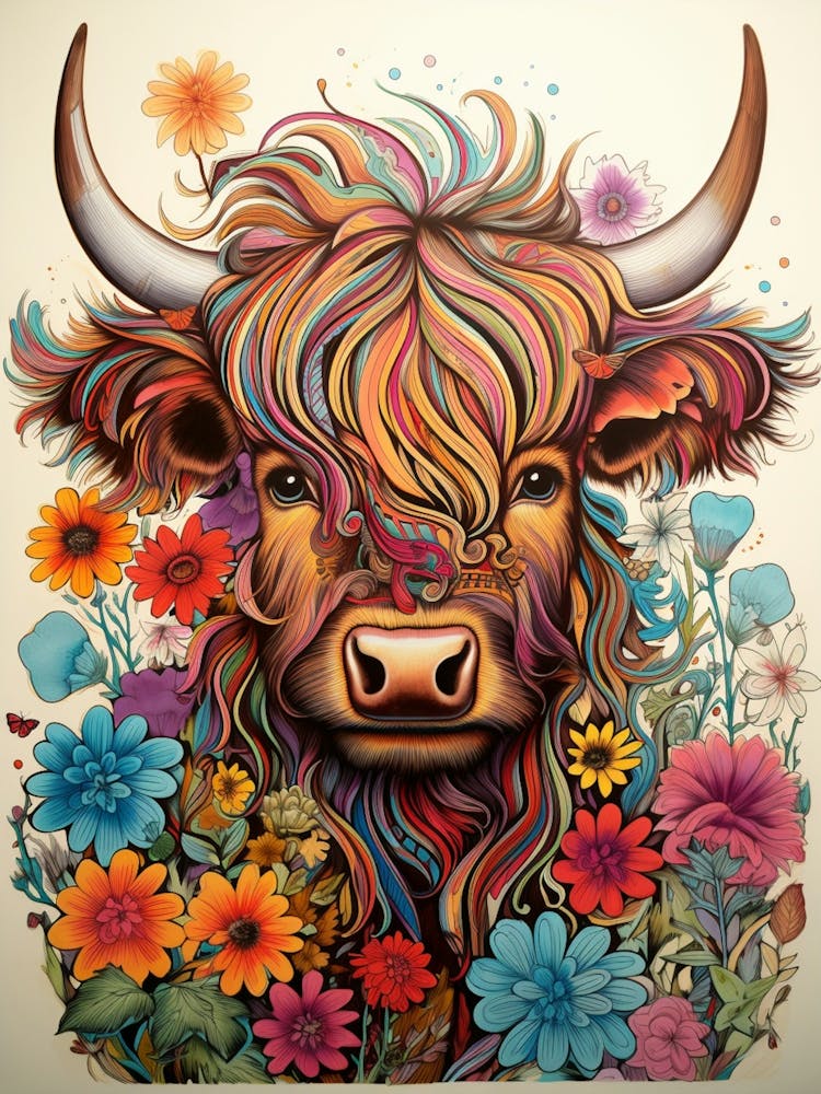 Colourful Floral Illustration Of A Highland Cow