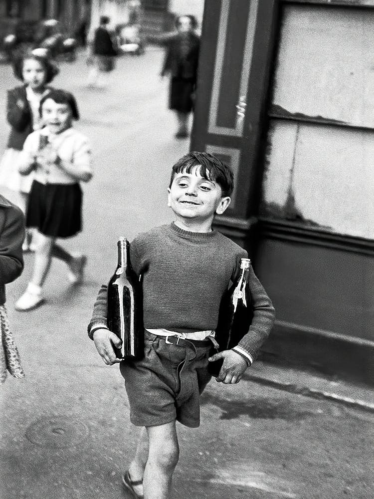 Boy With Bottle of Wine in Paris, Black and White Vintage Photo