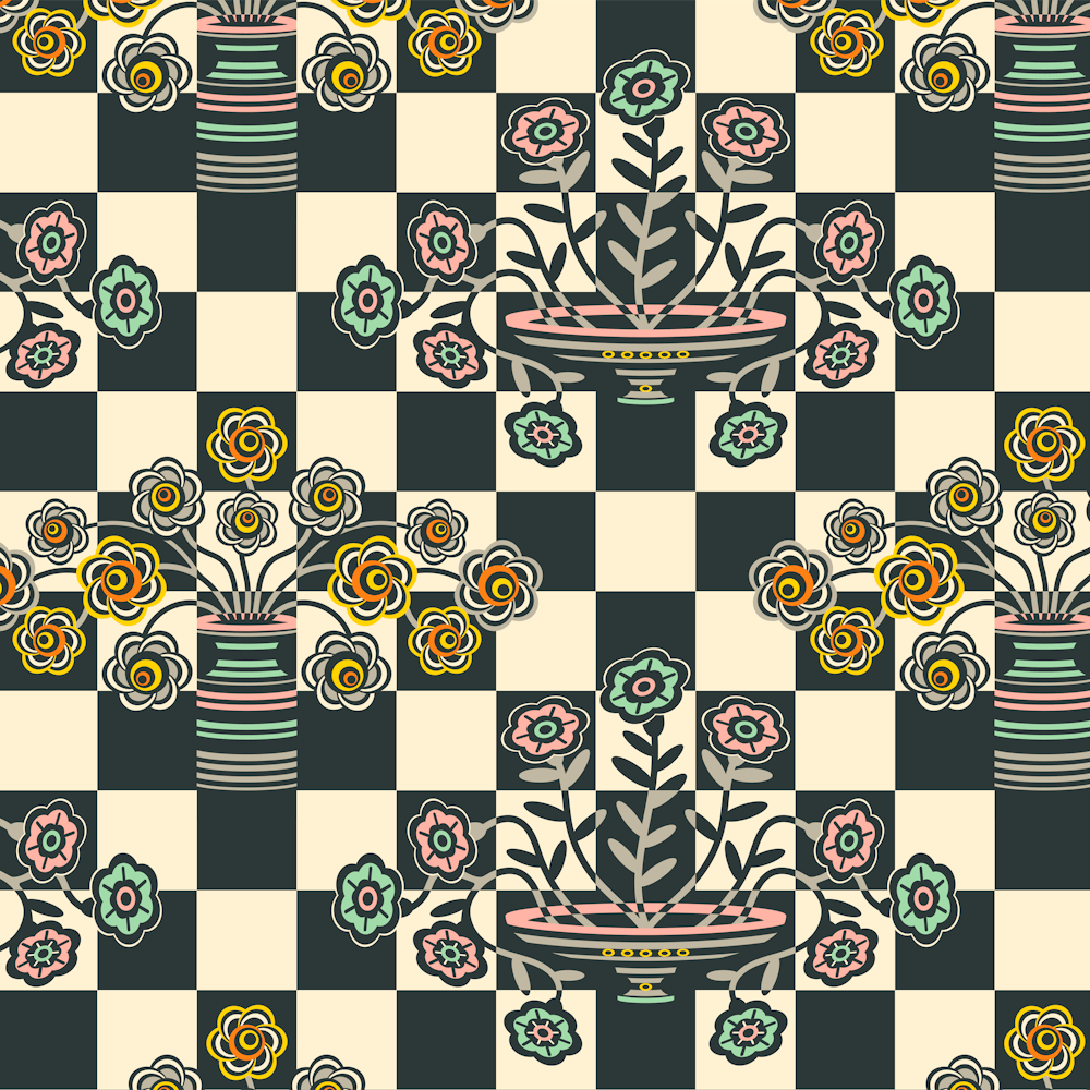 OP-ULENCE Retro Floral Checkerboard Op Art Mid-Century Modern Geometric in Black Warm White with Multi-Colours