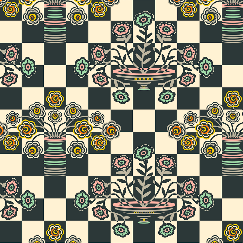 OP-ULENCE Retro Floral Checkerboard Op Art Mid-Century Modern Geometric in Black Warm White with Multi-Colours