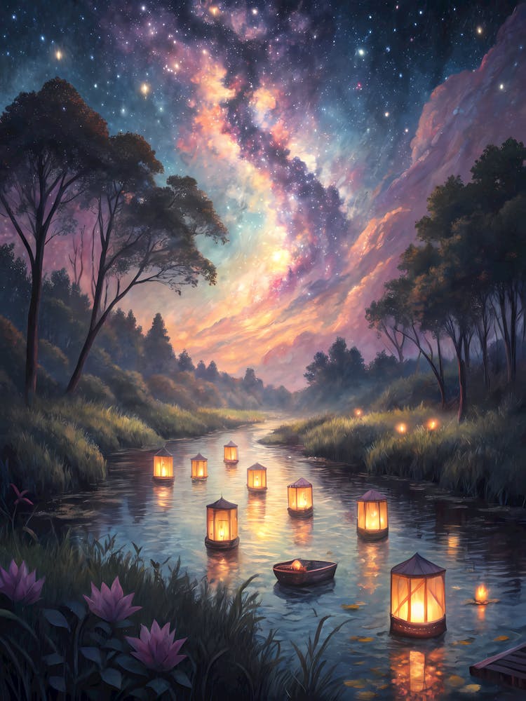 Oil Painting Style Mystical River Journey Floating Lanterns & Cosmic Sky