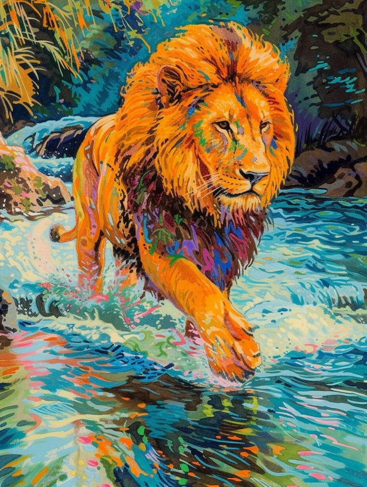 Asiatic Lion Crossing A River Fauvist Painting 4