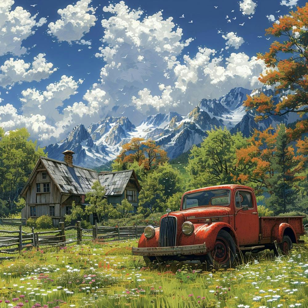 Beautiful Farmhouse With A Red Truck In Front Of The House, In Studio Ghibli Art, Anime Manga Art