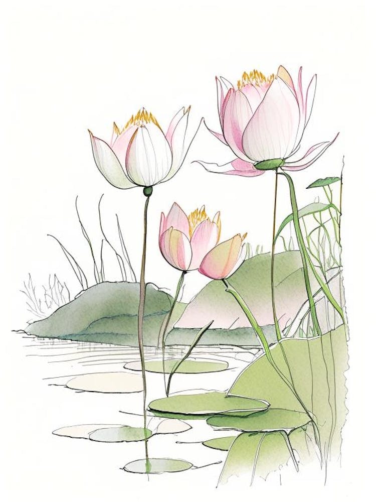Lotus Flowers In Park Pencil Illustration 4