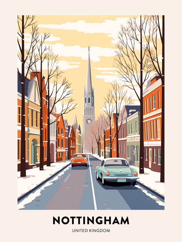 Vintage Winter Travel Poster Nottingham United Kingdom 2