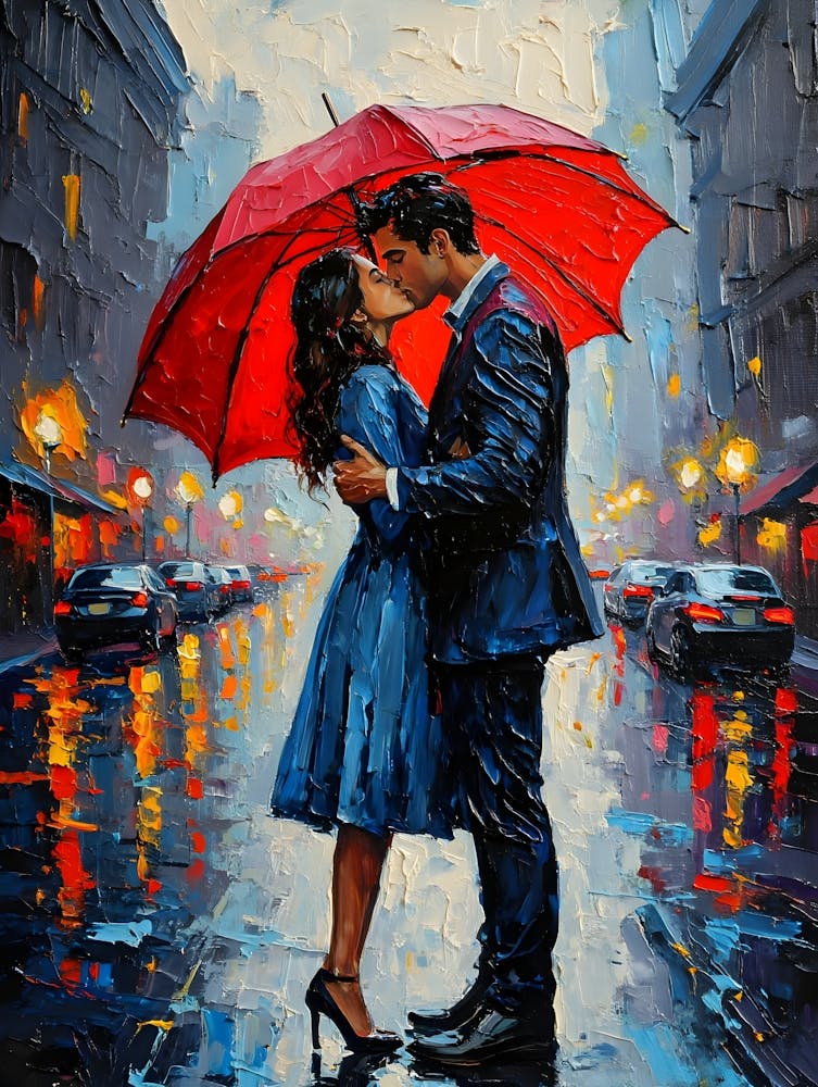 A Rainy-Day Kiss Under the Red Umbrella in the City