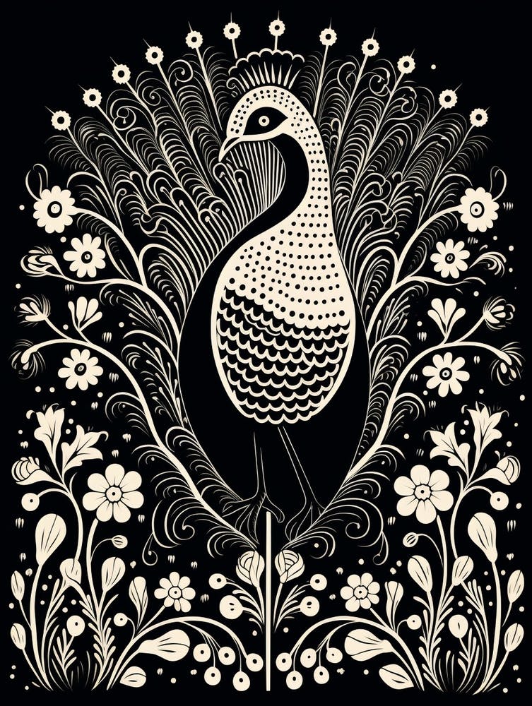 B&W Bird Linocut Peacock 2
