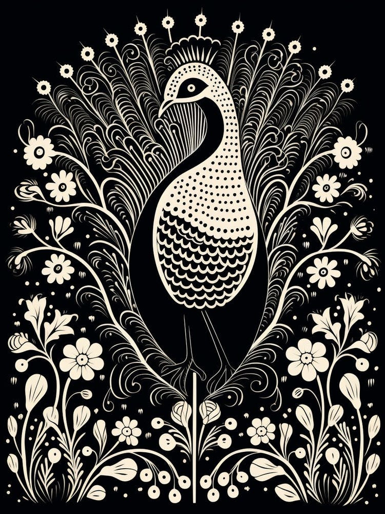 B&W Bird Linocut Peacock 2