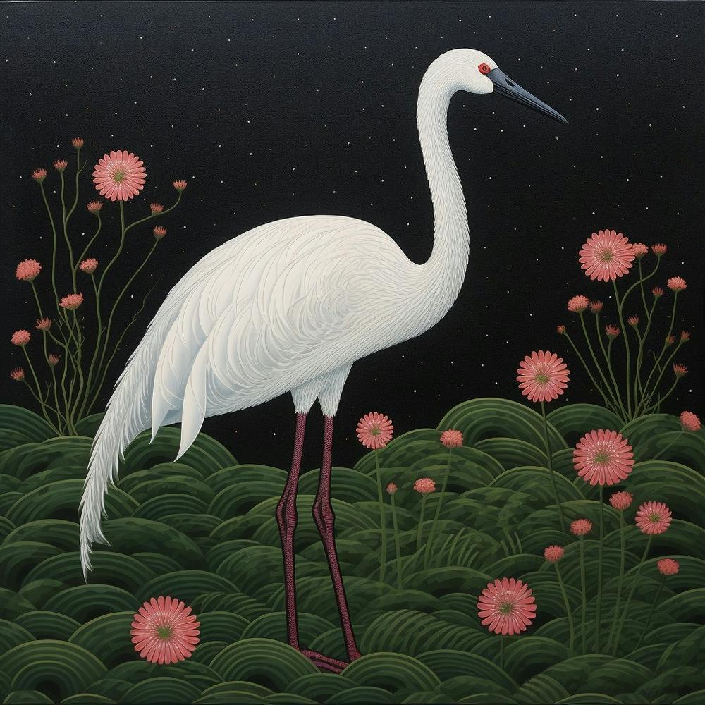 Peinture d'Oiseau Inspirée d'Ohara Koson Grand Flamant Rose 3 Carré